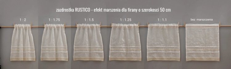 lniana firana RUSTICO ivory – porównanie stopnia marszczenia (lekki, standardowy i gęsty układ)